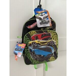 NEW With Tags Boys Hotwheels Car Backpack Green and Black 16" X 12" + FREE CAR